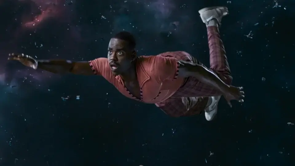A concerned Ncuti Gatwa floats through space in a press shot from Doctor Who, Season 15.