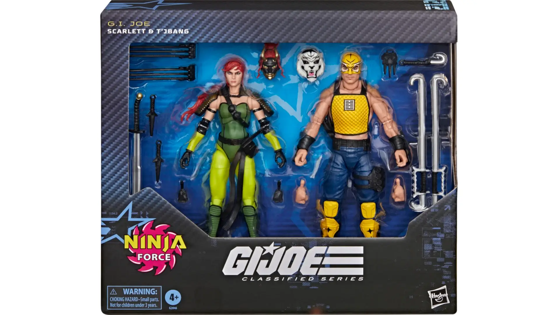 The package art for GI Joe Classified Series' Ninja Force variants of Scarlett and T'Jbang.