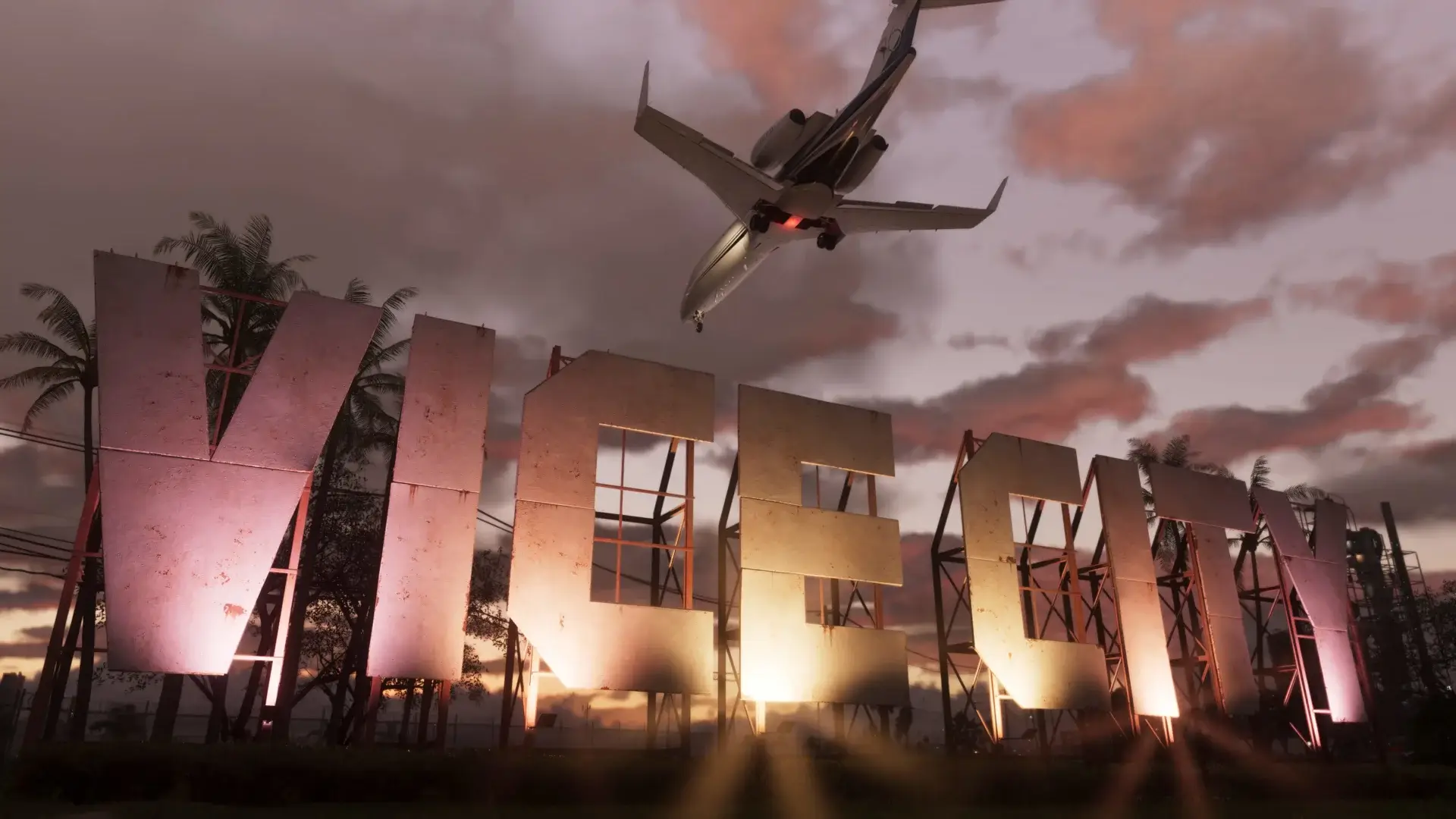 A jet flies above the Vice City sign on a cloudy day in Grand Theft Auto VI.