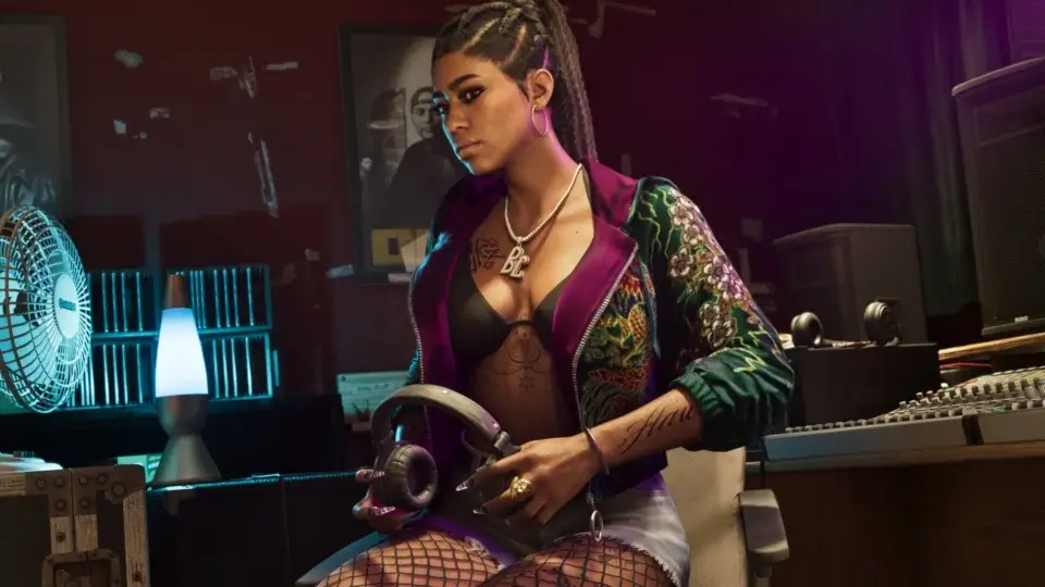 A member of the Real Dimez sits thinking in the recording studio in Grand Theft Auto VI.