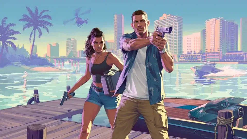 An armed Jason and Lucia cautiously walk forward on a dock in Grand Theft Auto VI.