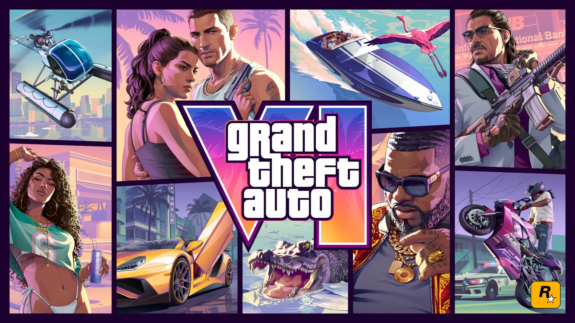 A collage of characters, vehicles, and wildlife, shown off in Grand Theft Auto VI's cover art