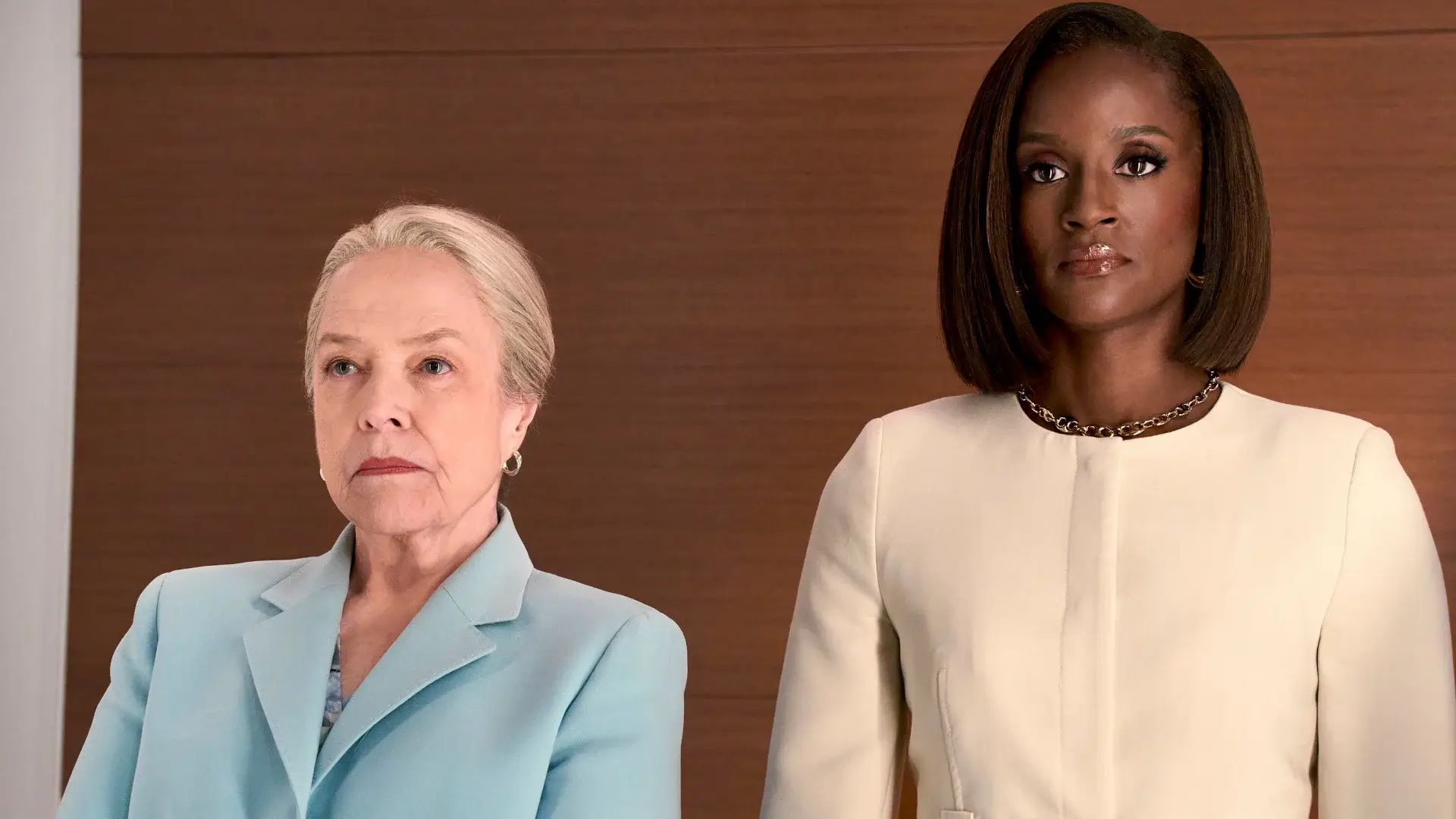 A determined Kathy Bates and Skye P Marshall stand together in an elevator, in Matlock - Season 2 Episode 16 - "Matty Matlock."