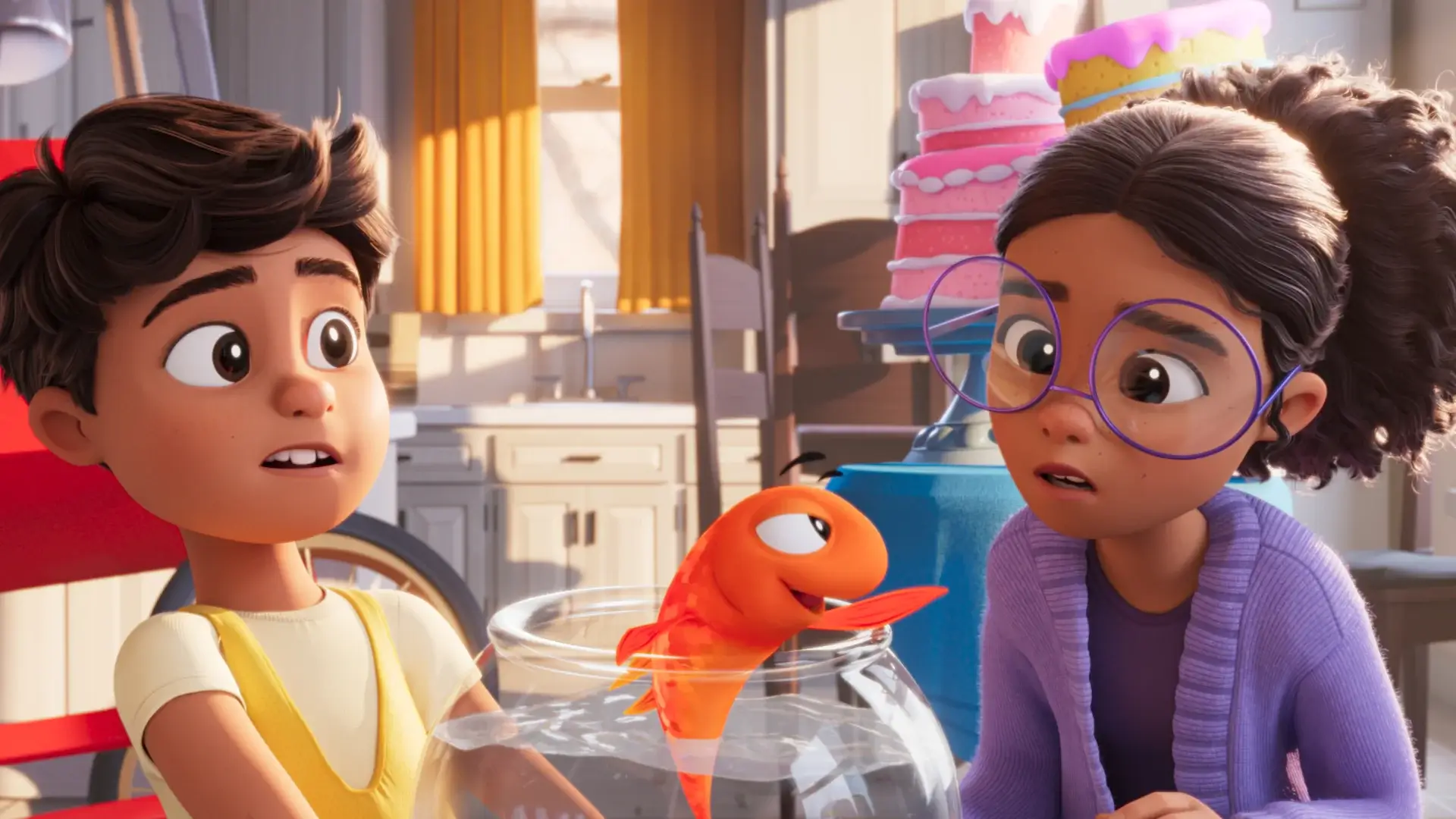 Sebsatian and Gabby look puzzled by The Fish in conversation in The Cat in the Hat.