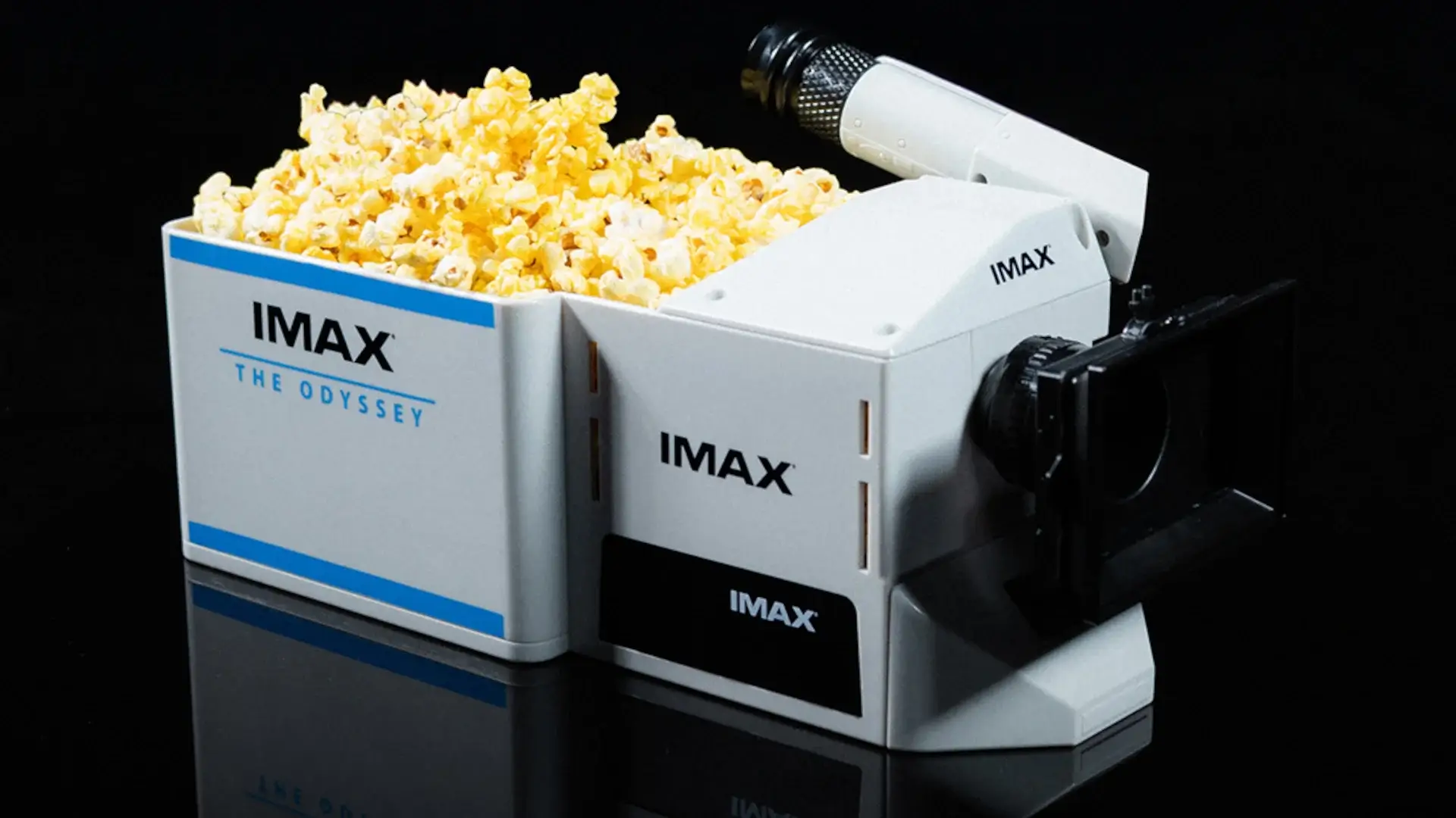 The IMAX Keighley Camera popcorn bucket pictured against a black background.