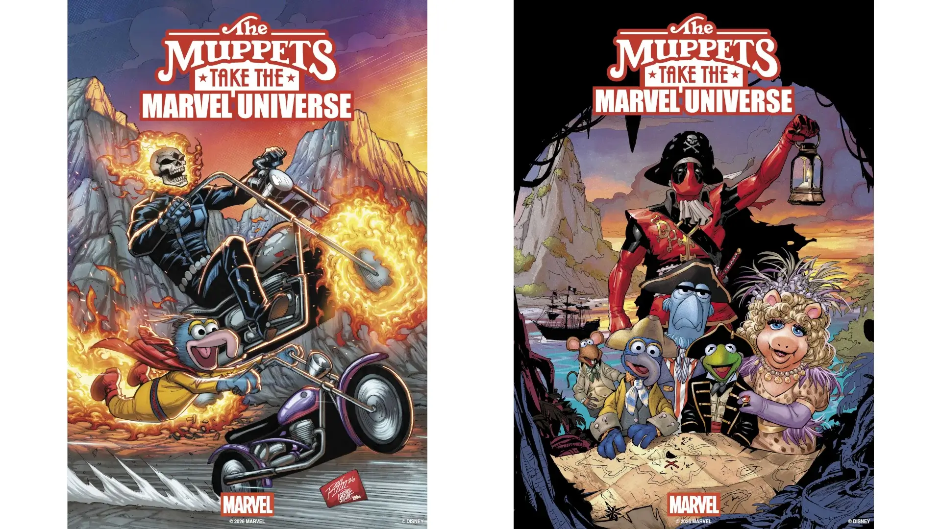 Variant covers for The Muppets Take The Marvel Universe, featuring Gonzo and Ghost Rider, and a Muppet Treasure Island tribute with Deadpool.