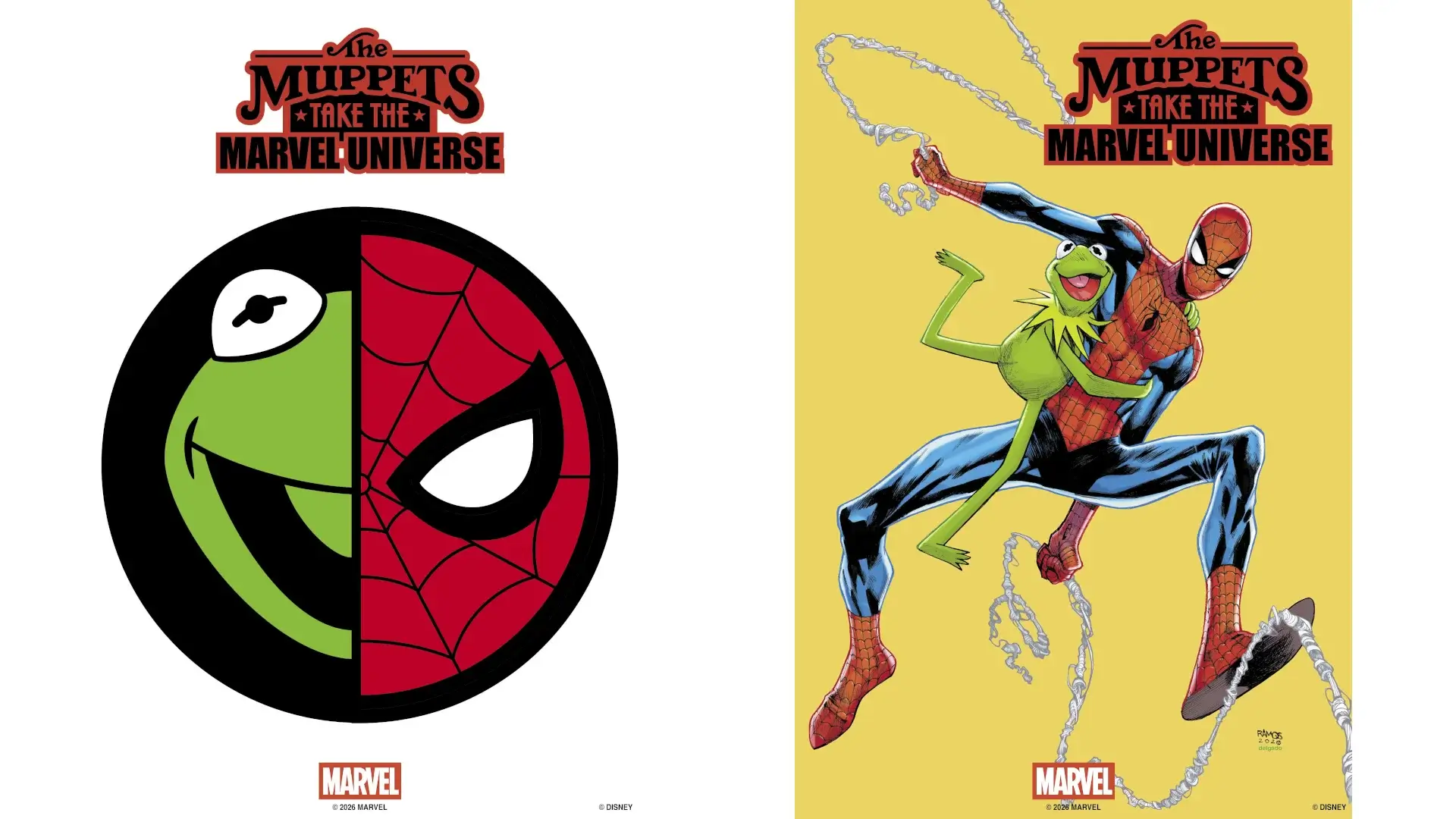 A Kermit and Spider-Man logo mashup variant cover, shown next to a variant with Spider-Man swinging with Kermit, for The Muppets Take The Marvel Universe.