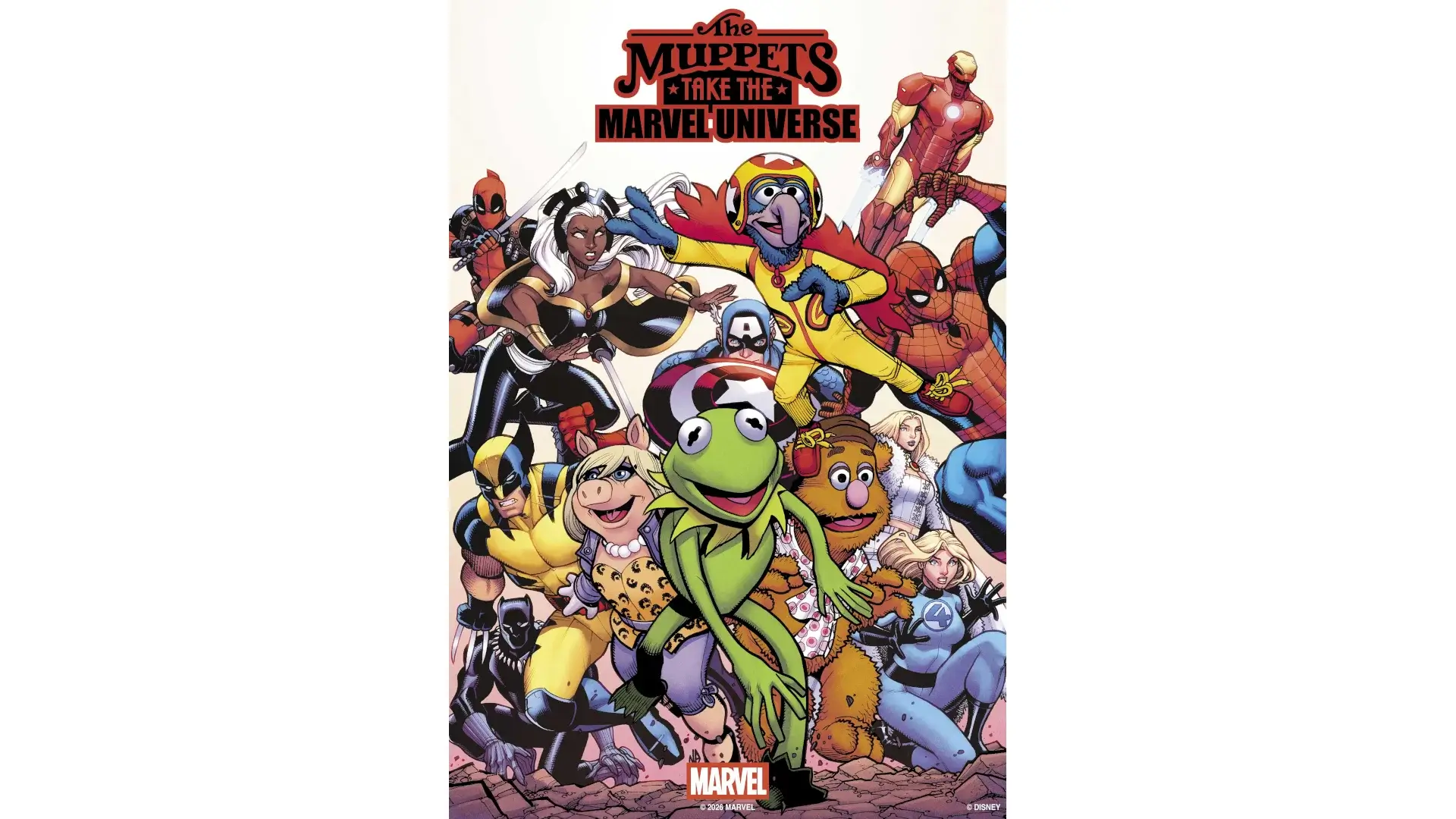 A rush of Marvel heroes and costumed Muppets run towards the camera on The Muppets Take The Marvel Universe's base cover.