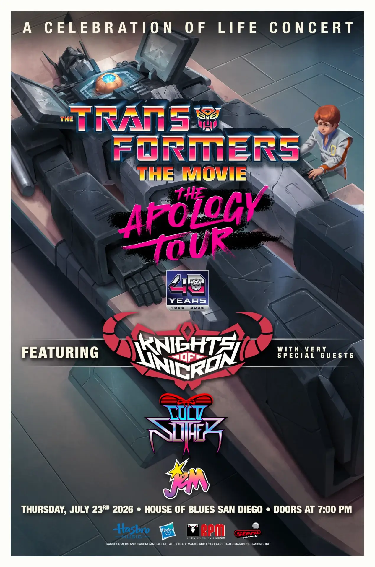 The official poster for The Transformers The Movie 40th Anniversary Celebration of Life Concert.