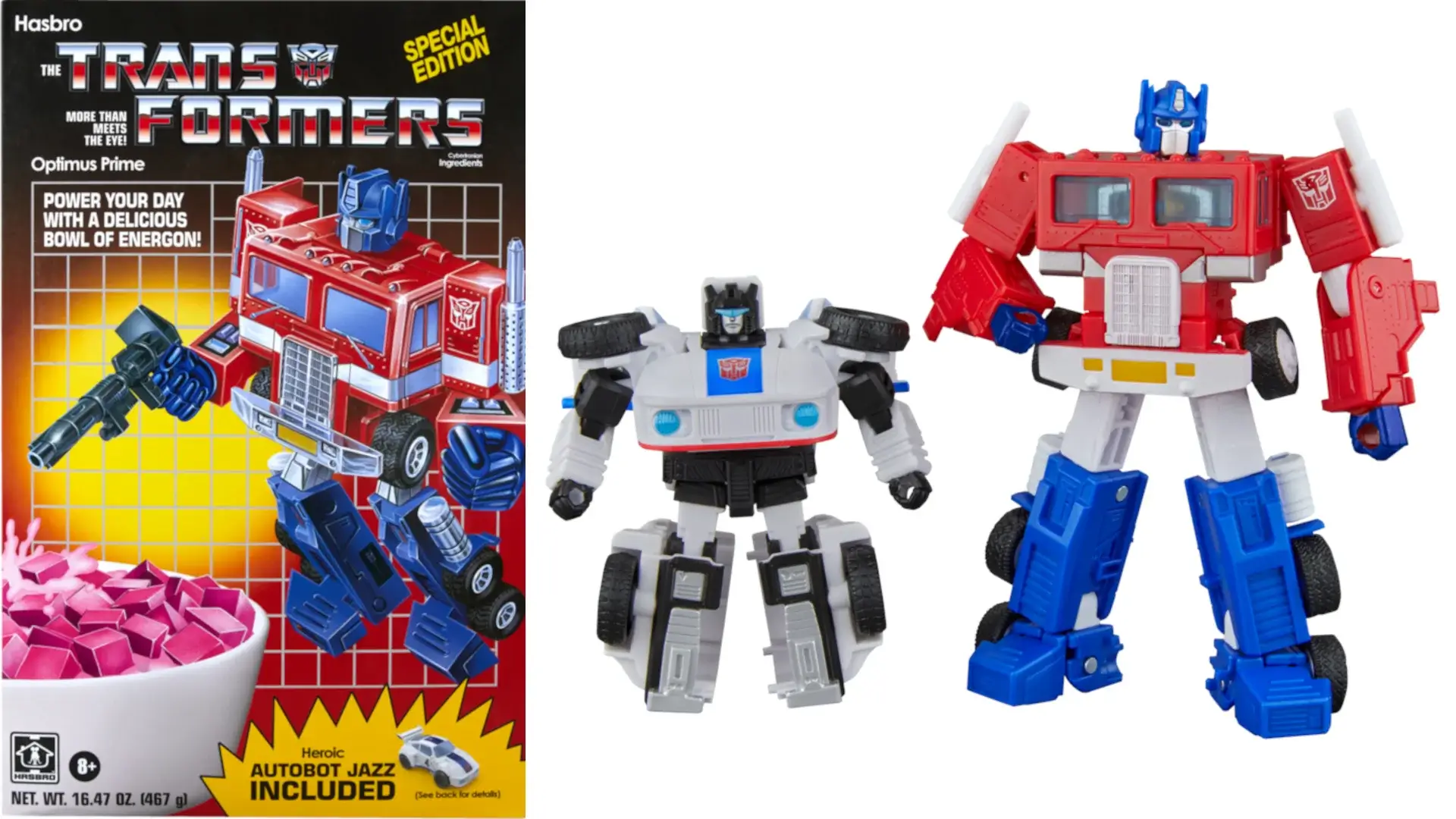 The box art and product shot for the Optimus Prime and Jazz Cereal Box Set honoring The Transformers The Movie.