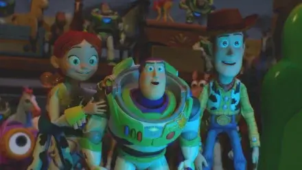 Jessie, Buzz, and Woody stare ahead happily at a glowing Lily in Toy Story 5.