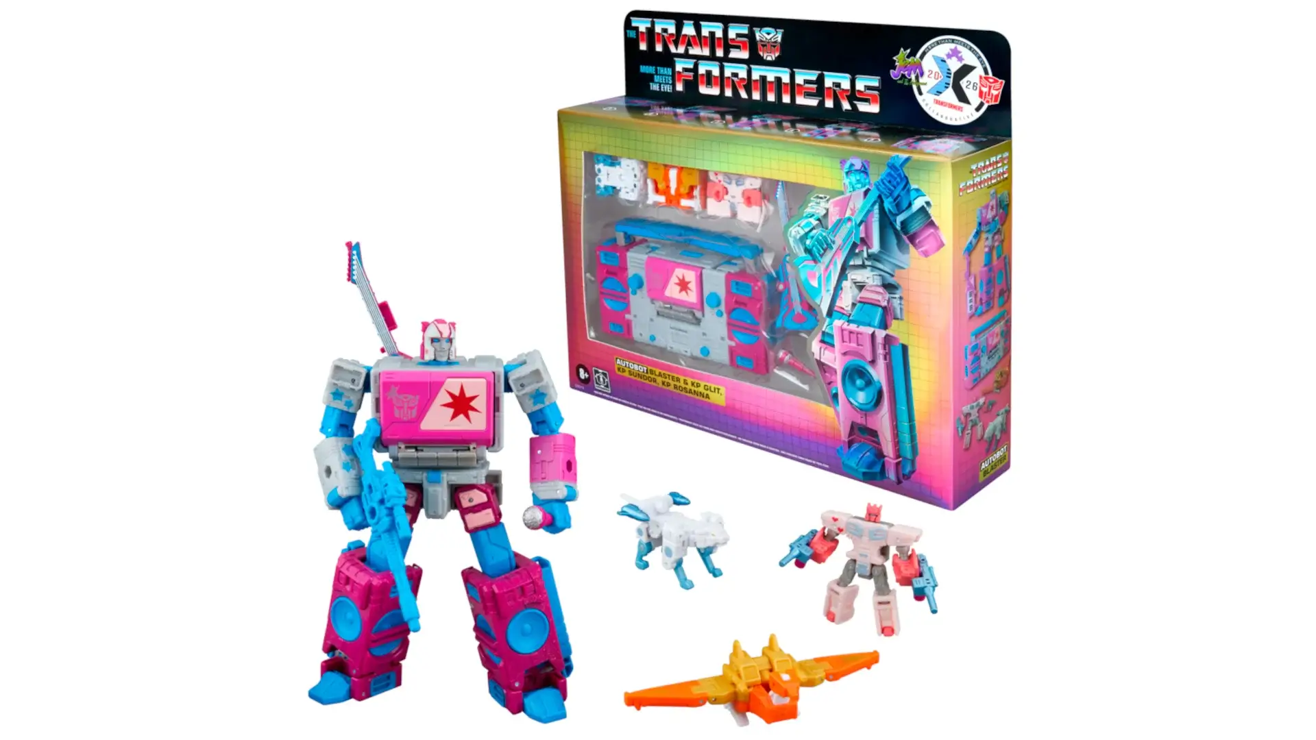 Product photography for Transformers x Jem and the Holograms Autobot Blaster and KP Glit, KP Sundor, and KP Rosanna set.