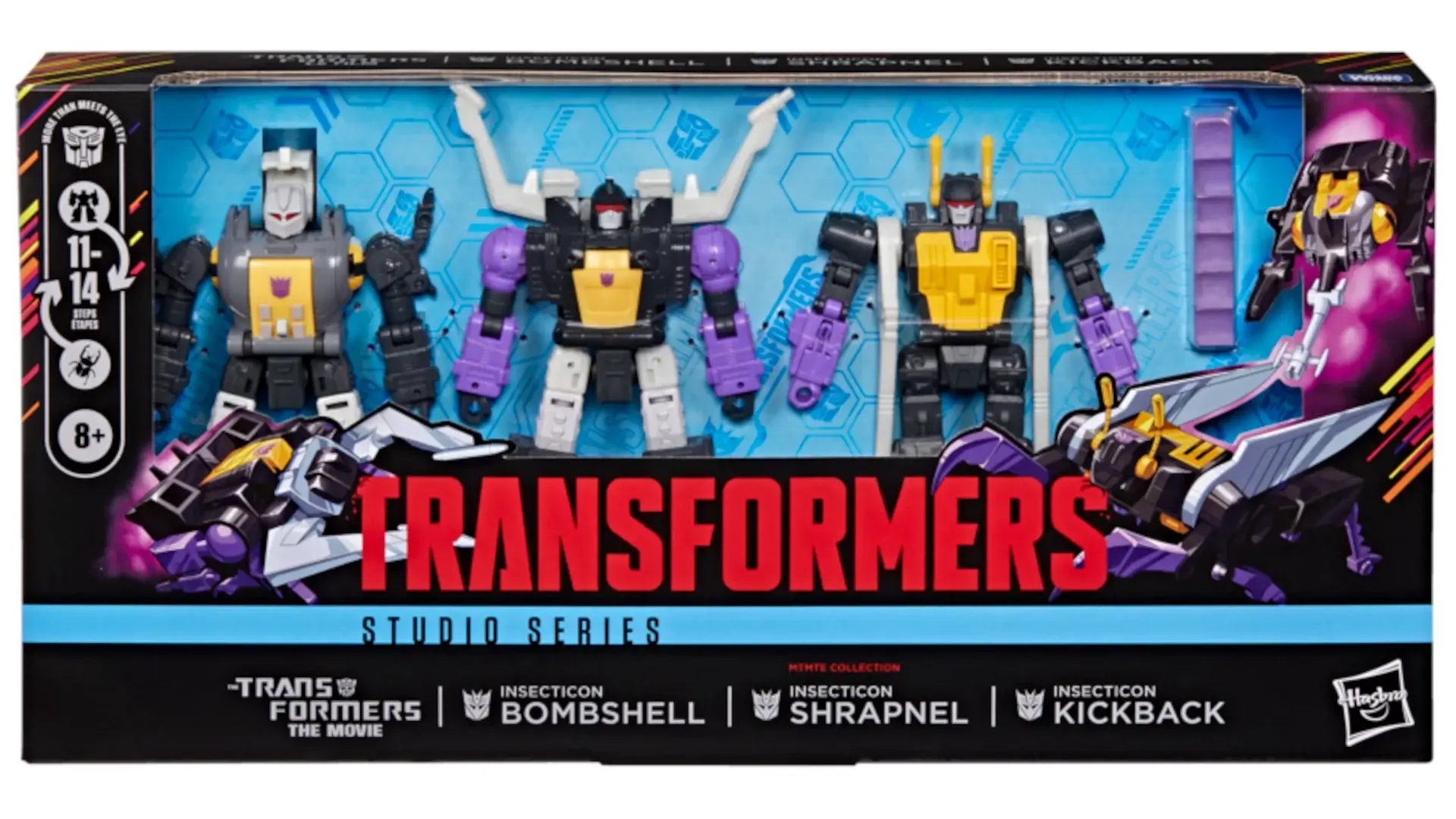 An image of the Transformers Studio Series MTMTE Collection Insecticon Trio package art.