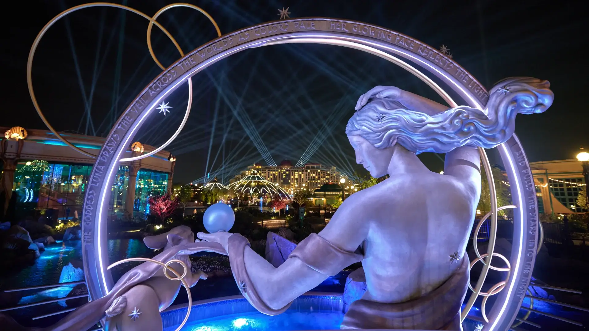 Luna's fountain shown at night in preparation for Universal Celestial Goodnight at Universal Epic Universe.