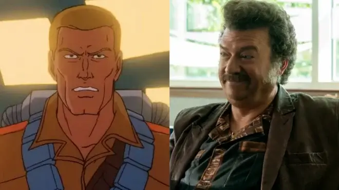 Duke stands stoically on the Statue of Liberty's torch in the G.I .Joe opening, pictured next to Danny McBride smiing in conversation in The Righteous Gemstones - Season 4, Episode 7 - "For Jealousy Is the Rage of a Man."