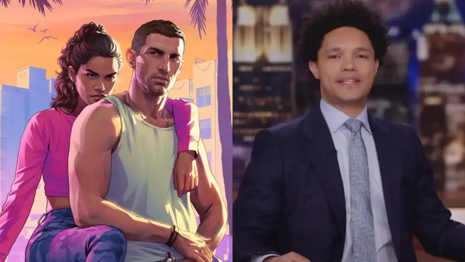 A shot of Jason and Lucia from Grand Theft Auto VI art, pictured next to a shot of Trevor Noah on The Daily Show.