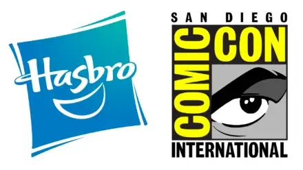 Hasbro's corporate logo, shown side by side with the San Diego Comic-Con logo.
