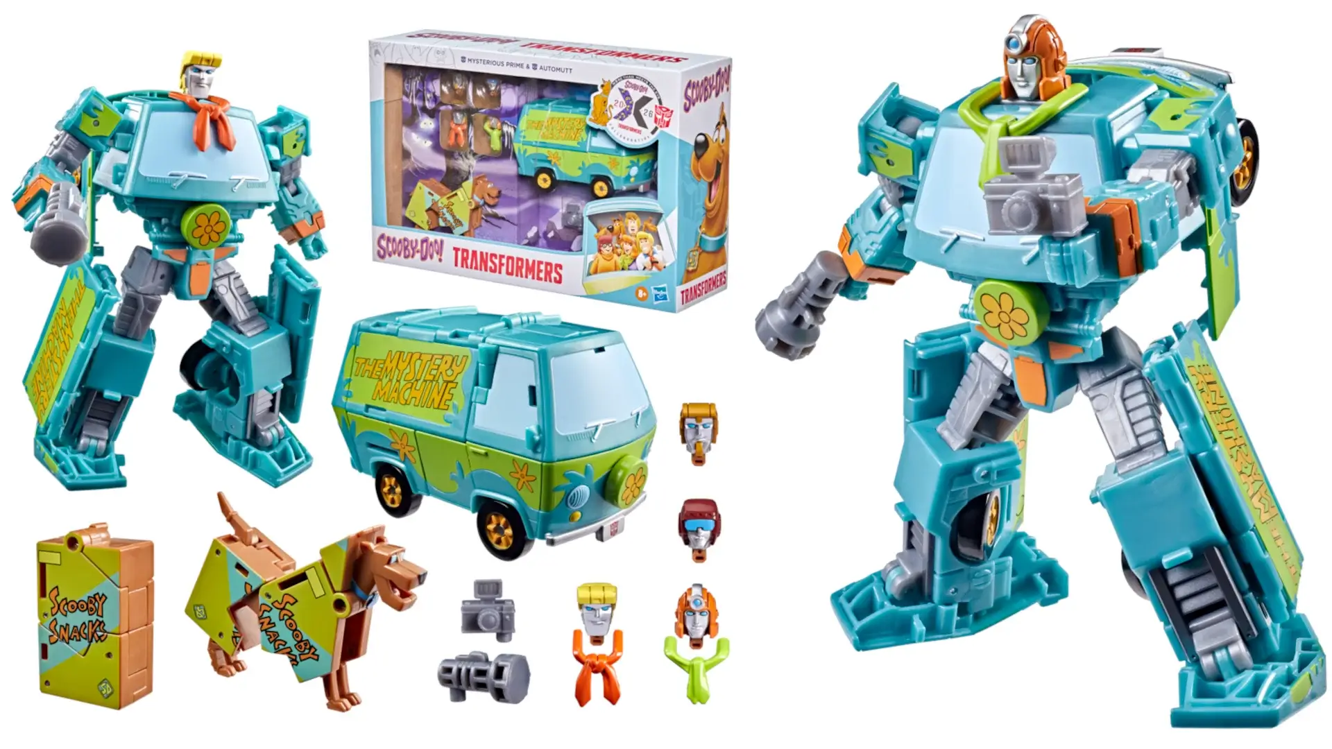 A more detailed product shot of the Scooby Doo Transformers Mysterious Prime and Automutt action figure, complete with accessories and Autobot form.