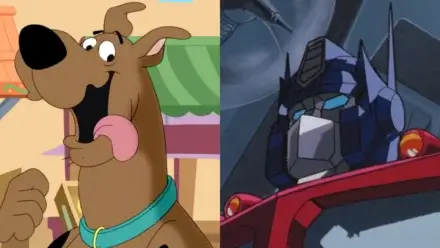 Scooby Doo smiling with his tongue out in Scooby Doo and the Monster of Mexico, pictured next to a stoic Optimus Prime in The Transformers: The Movie.