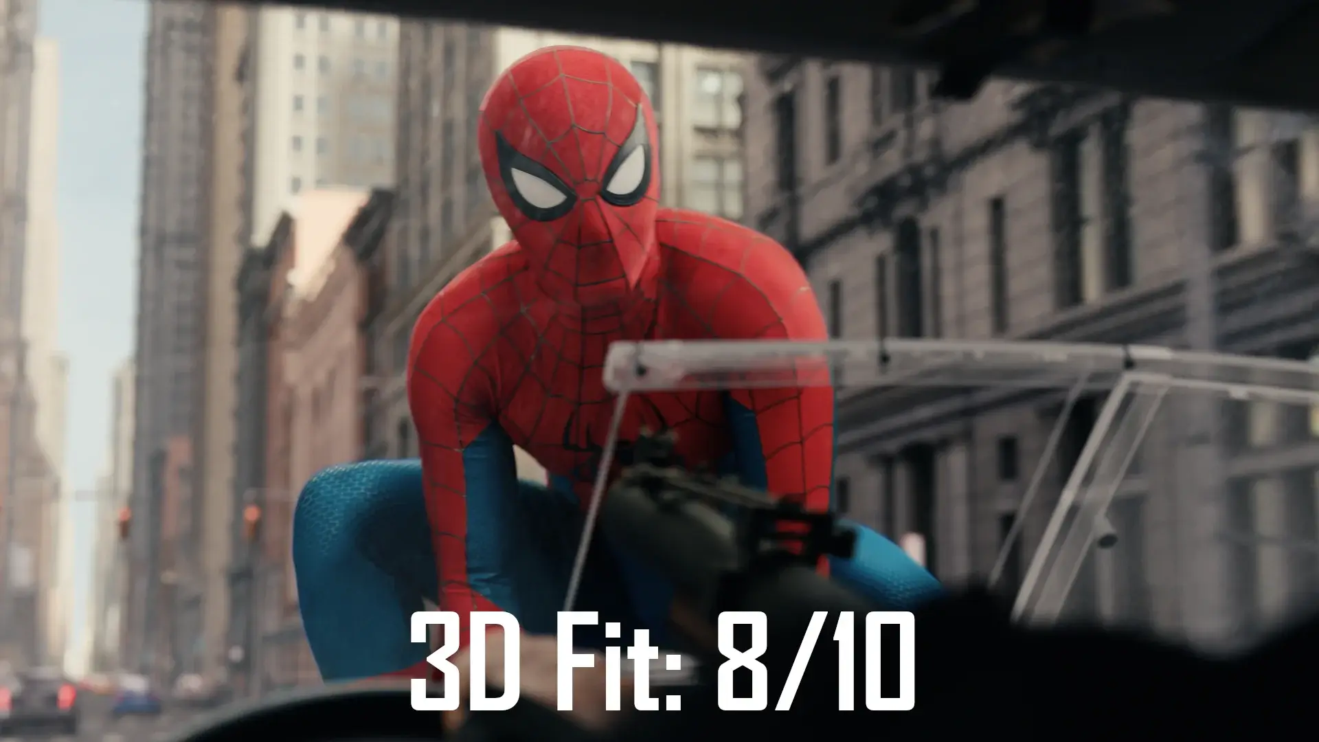 A costumed Tom Holland looks through The Punisher's windshield in Spider-Man: Brand New Day.