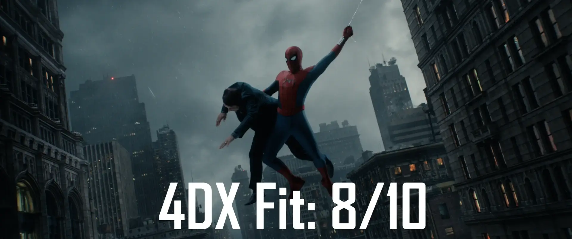 A costumed Tom Holland hauls a criminal through a stormy New York sky in Spider-Man: Brand New Day.