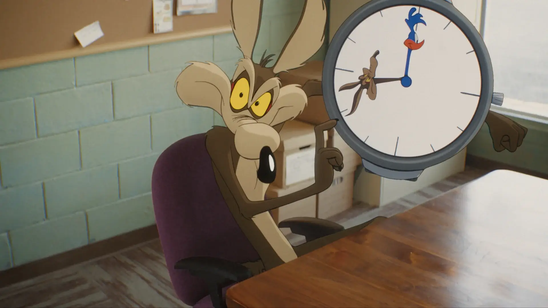 Wile E Coyote menacingly points to a cartoon clock in an office in Coyote vs Acme.