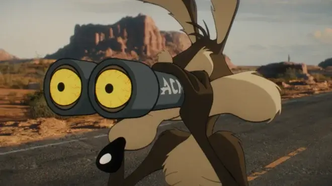 Wile E Coyote's eyes bug out through a pair of binoculars in Coyote vs. Acme.