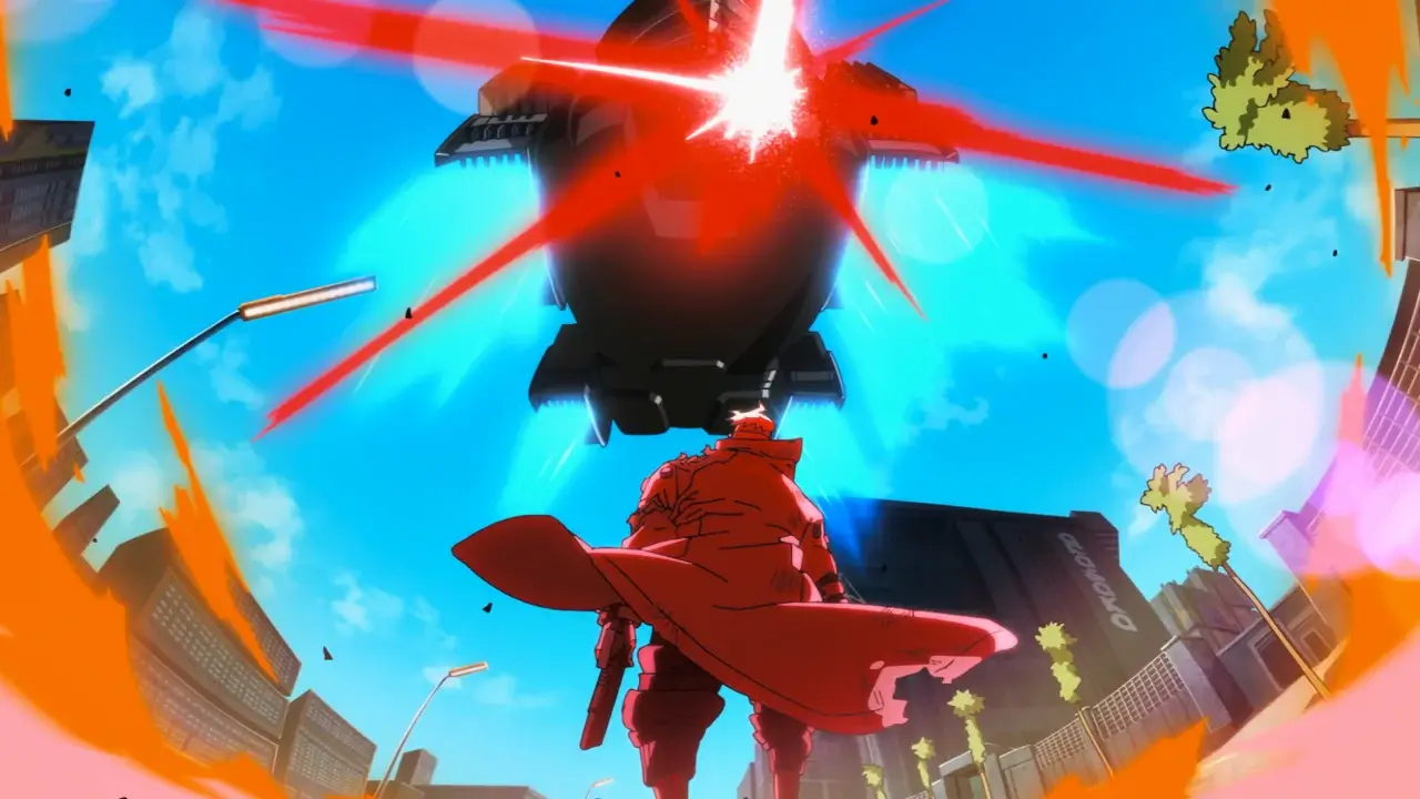 "Anime-style character in a red coat stands in a city street, looking up at a large hovering machine emitting red light beams, with bright blue sky and tall buildings in the background, orange energy effects framing the scene."
