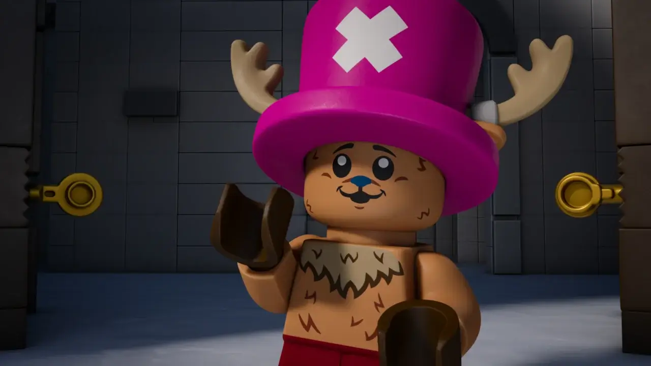 "A LEGO figure with antlers and a pink hat with a white X stands in a dimly lit, gray brick room with two keyholes on either side, giving a playful expression."
