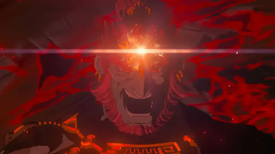 A screaming Ganondorf glows red with power in The Legend of Zelda: Tears of the Kingdom.