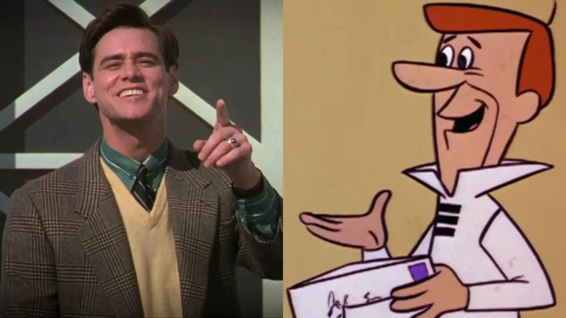 Jim Carrey smiling and pointing in The Truman Show, pictured next to The Jetsons' George Jetson standing with a letter in his hand.