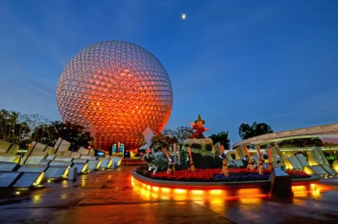 The iconic Spaceship Earth geodesic sphere at EPCOT, the Disney World attraction inspiring a new Disney+ television series.
