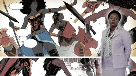 Panel of DC's Amazons from Wonder Woman #29 and Suicide Squad's Amanda Waller (Viola Davis). DC Comics/Warner Bros.