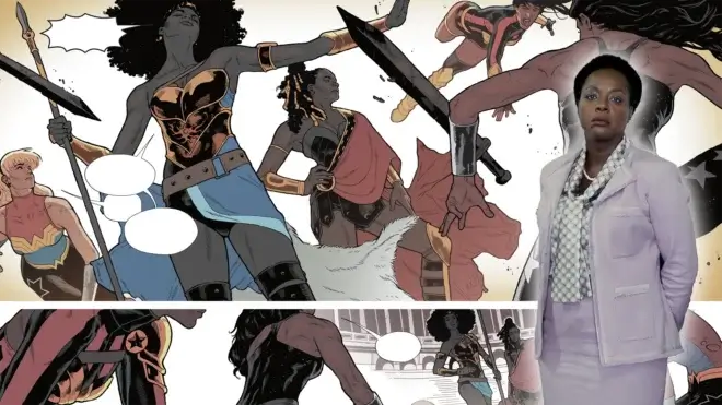 Panel of DC's Amazons from Wonder Woman #29 and Suicide Squad's Amanda Waller (Viola Davis). DC Comics/Warner Bros.