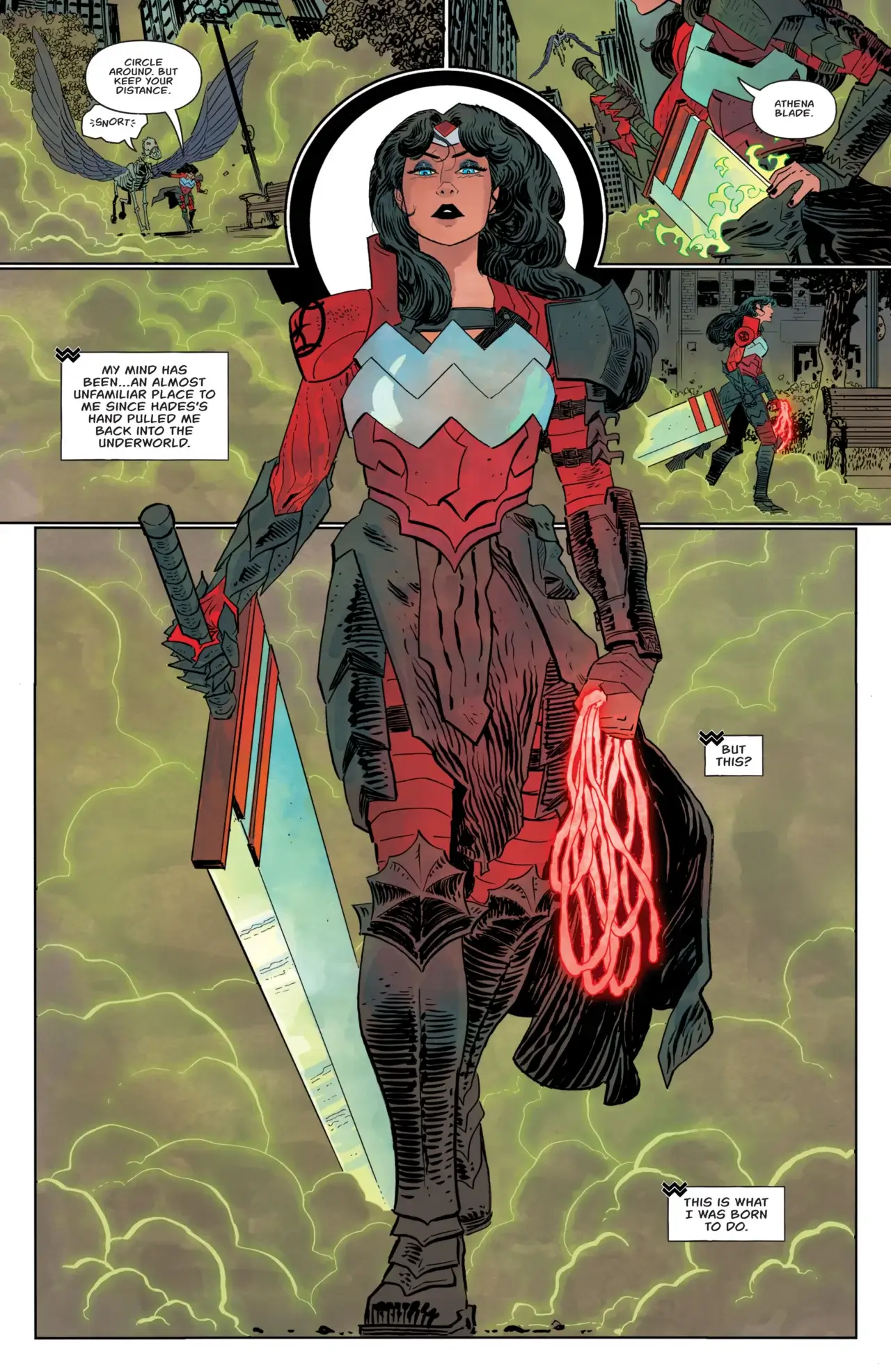 Warrior woman with large sword walking.