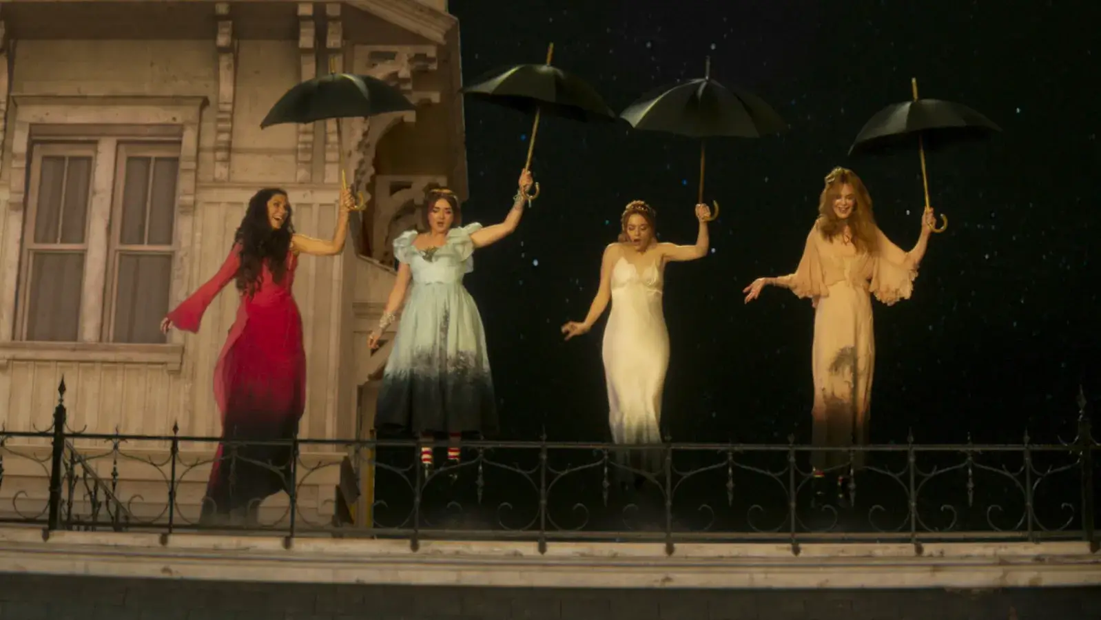 Sandra Bullock, Maisie Williams, Joey King, and Nicole Kidman as the Owens women jumping off the roof in Practical Magic 3