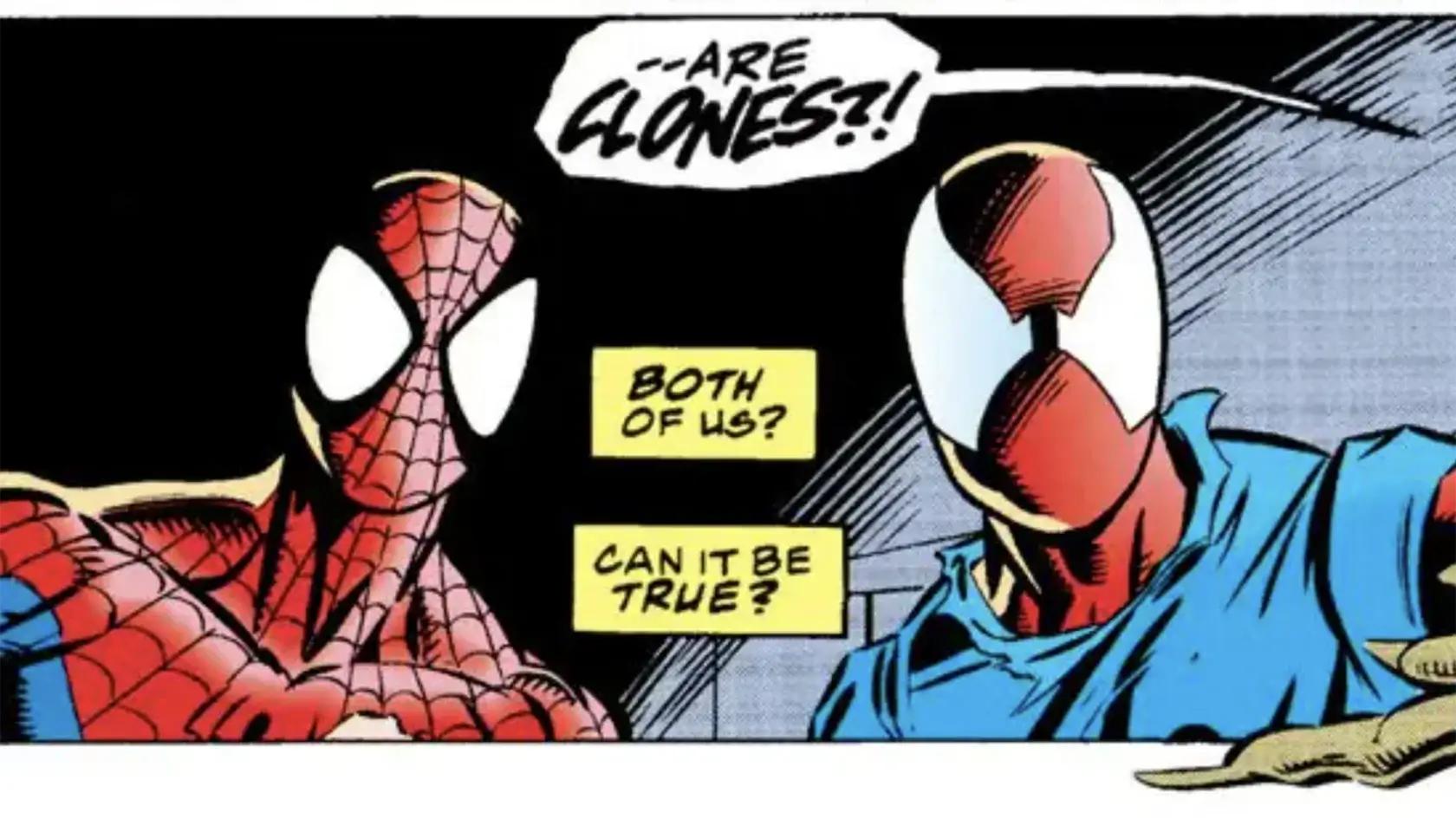Two Spider-Men look out of the frame.