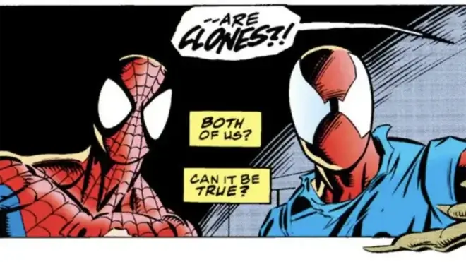 Two Spider-Men look out of the frame.