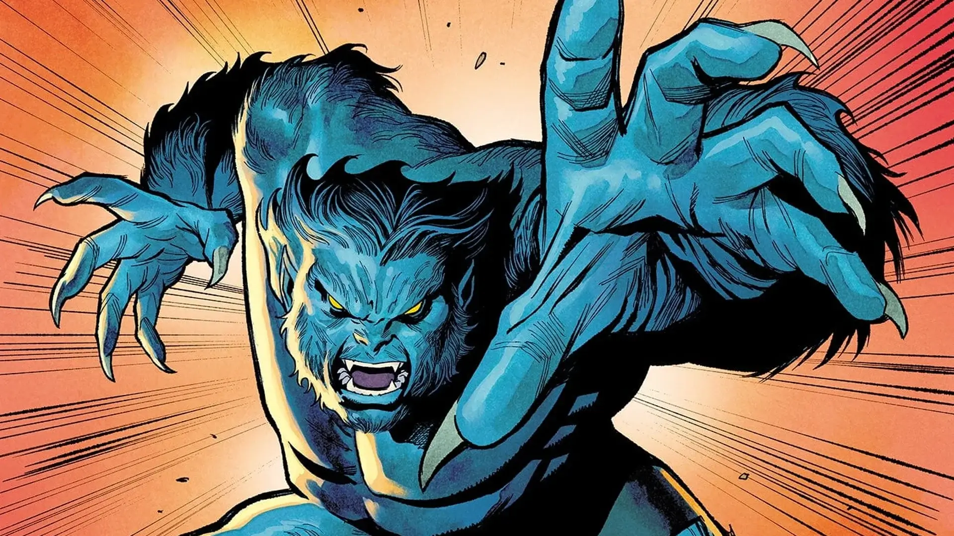 A blue person growling