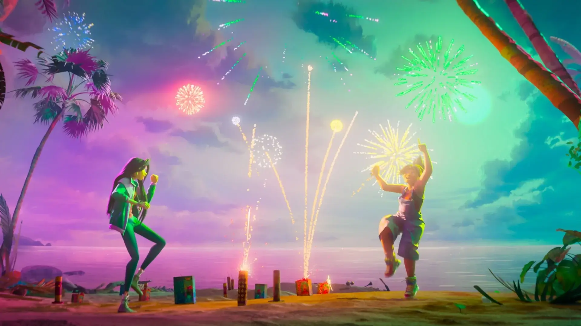 Two girls with fireworks on a beach.