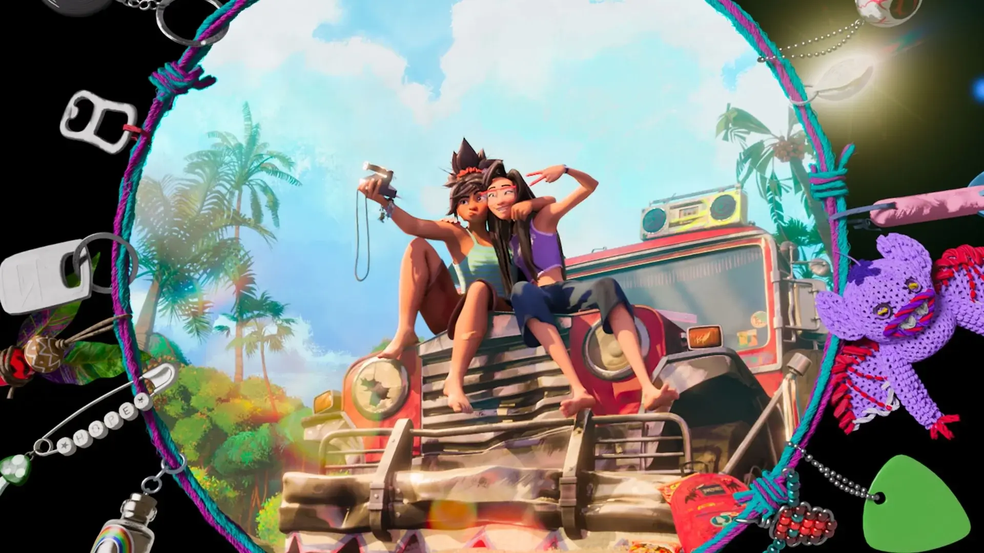 Two friends on a car taking a picture.