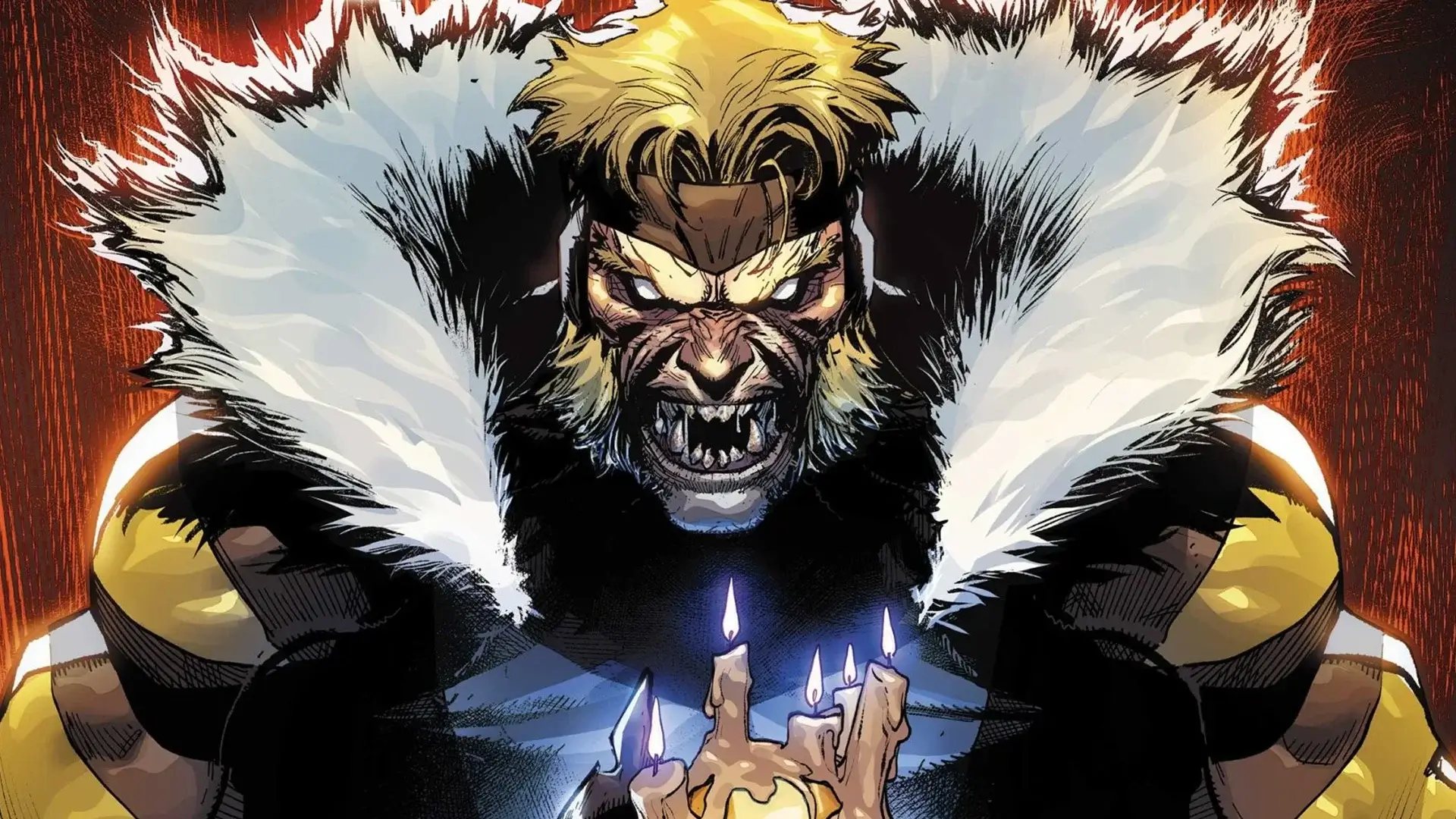 Mutant man growling with candles.