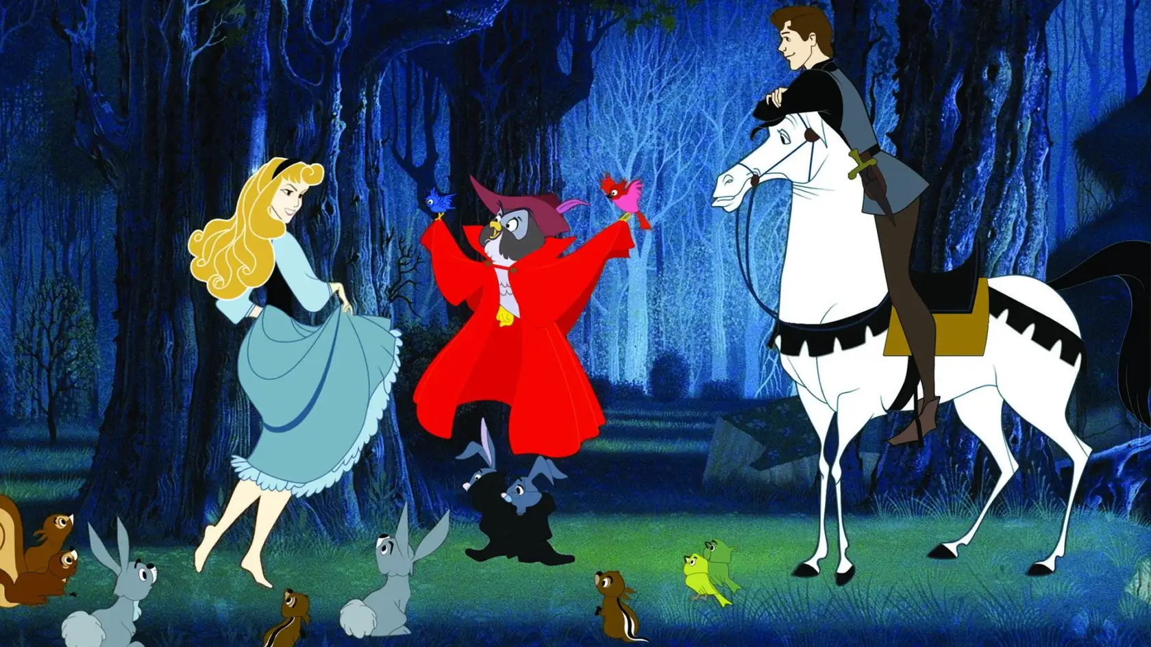 Woman, man, and animals in the woods.