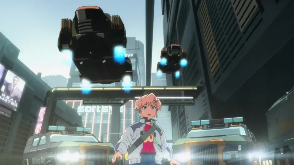 "Anime character stands in a futuristic city street surrounded by patrol vehicles and hovering police drones, with tall buildings and digital billboards in the background, conveying a sci-fi, cyberpunk atmosphere."