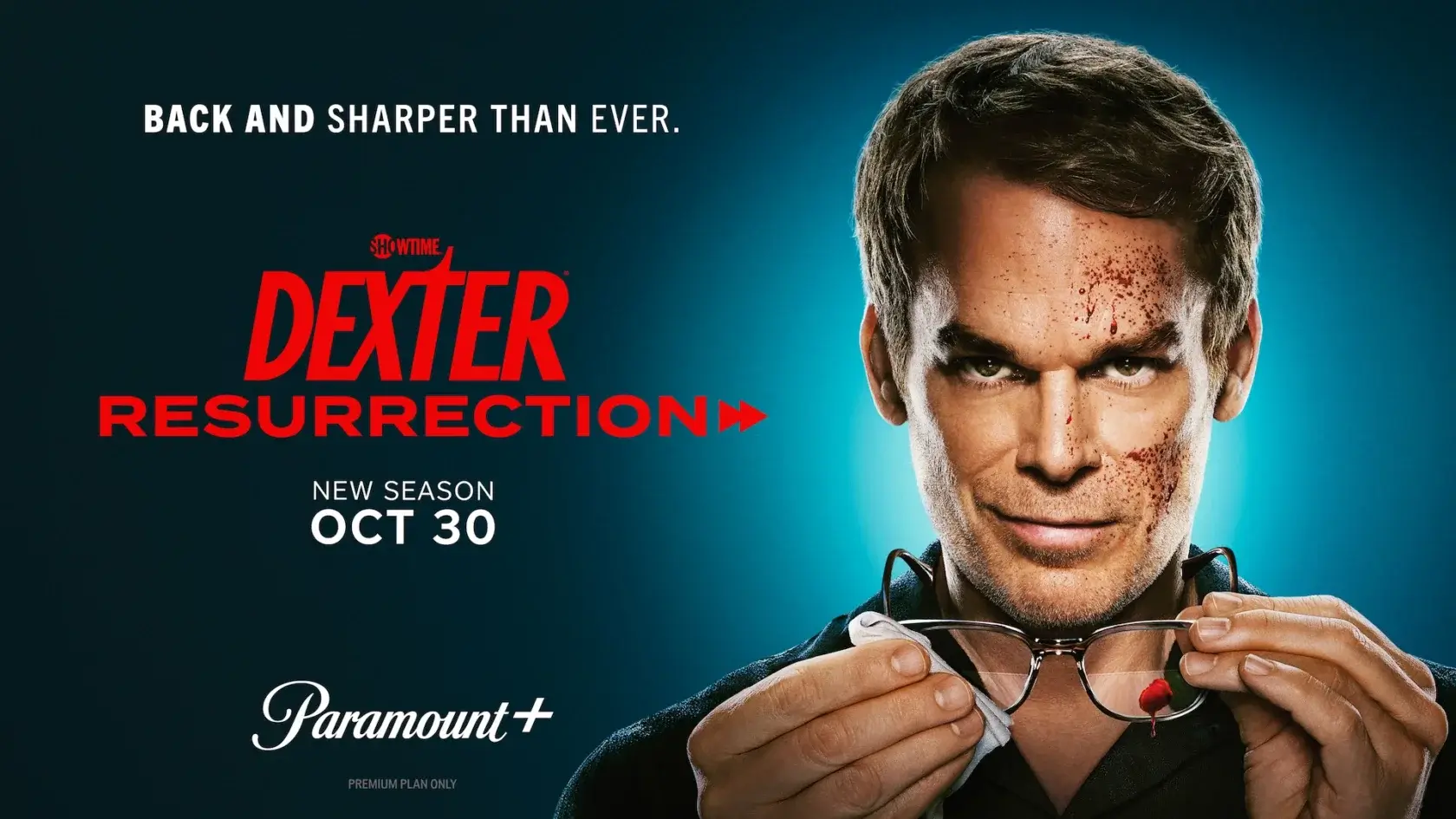 Blood-spattered man holding glasses.