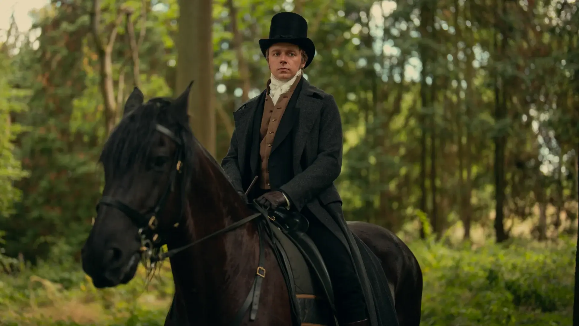 "Man in historical clothing and top hat riding a dark horse in a forest, surrounded by tall trees and green foliage, with soft natural daylight illuminating the outdoor scene."