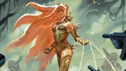A plant woman stands