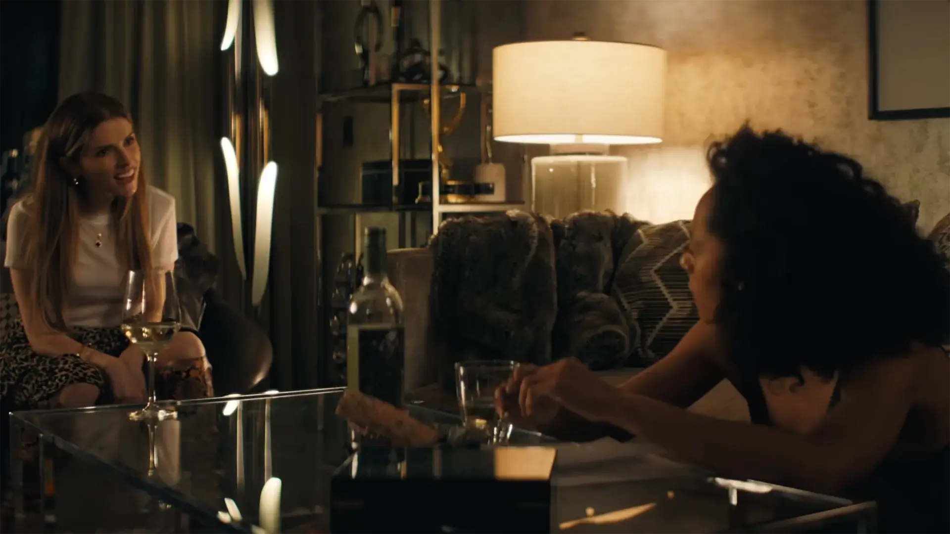 Two women talking in a living room.