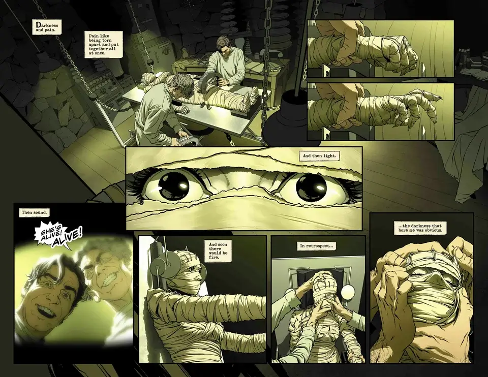 Comic panels of a reanimated person coming back to life.