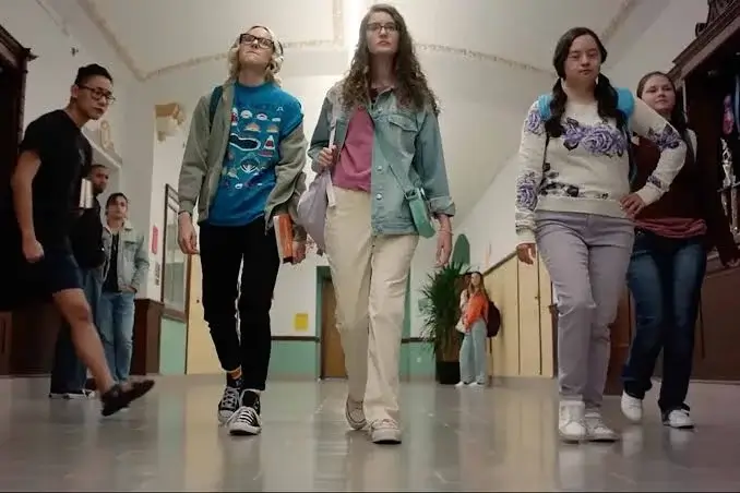 A scene from Rise and Shine shows three teenage girls walking confidently down a high school hallway. The girl in the center wears glasses, a light denim jacket, pink shirt, and cream-colored pants, carrying a lavender backpack. Her friends walk on either side of her, one wearing a blue graphic T-shirt and the other a white floral-patterned sweatshirt with lavender pants. Other students stand and walk in the background as the trio makes their way down the corridor.